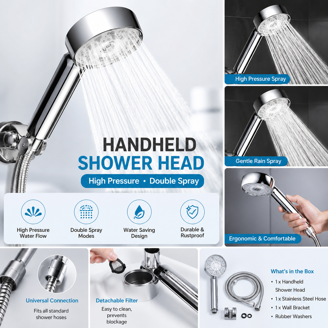 Handheld Shower Head – High Pressure, Double Spray