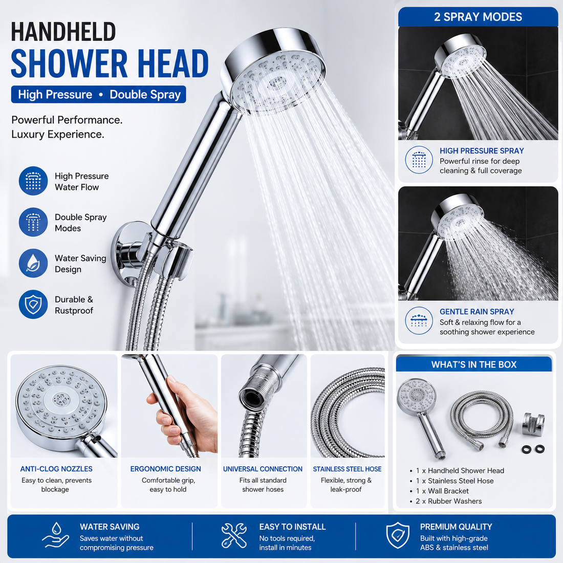 Handheld Shower Head – High Pressure, Double Spray
