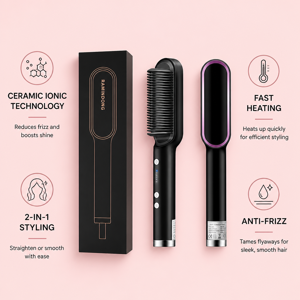 2-in-1 Ceramic Ionic Hair Straightener Brush