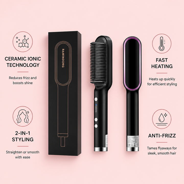 2-in-1 Ceramic Ionic Hair Straightener Brush
