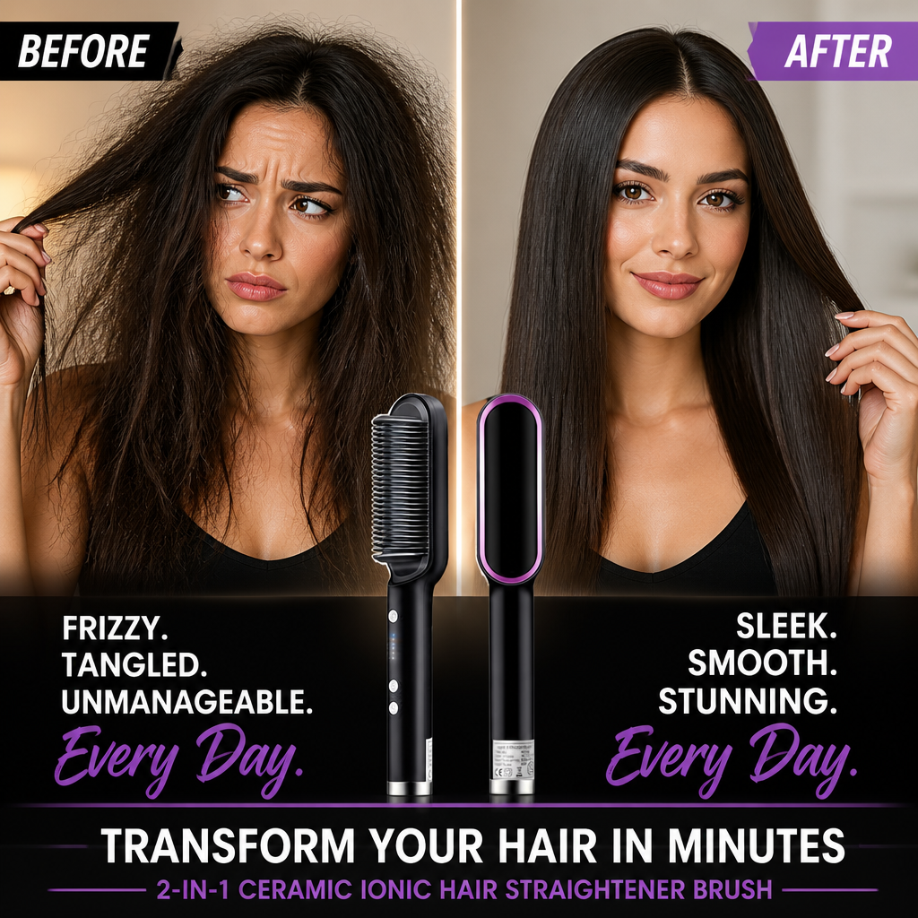 2-in-1 Ceramic Ionic Hair Straightener Brush