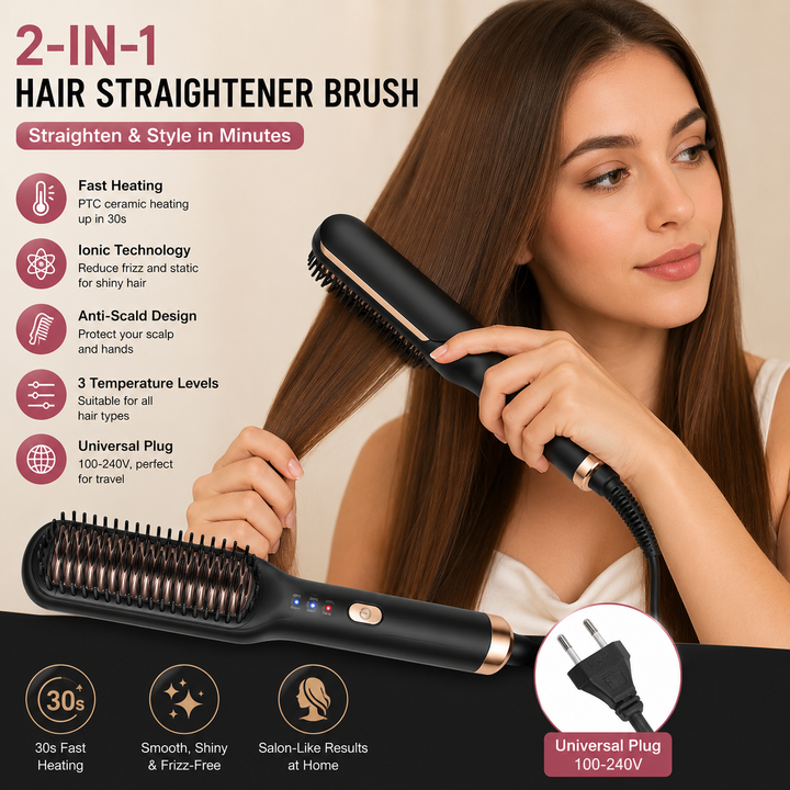 2-in-1 Ceramic Ionic Hair Straightener Brush